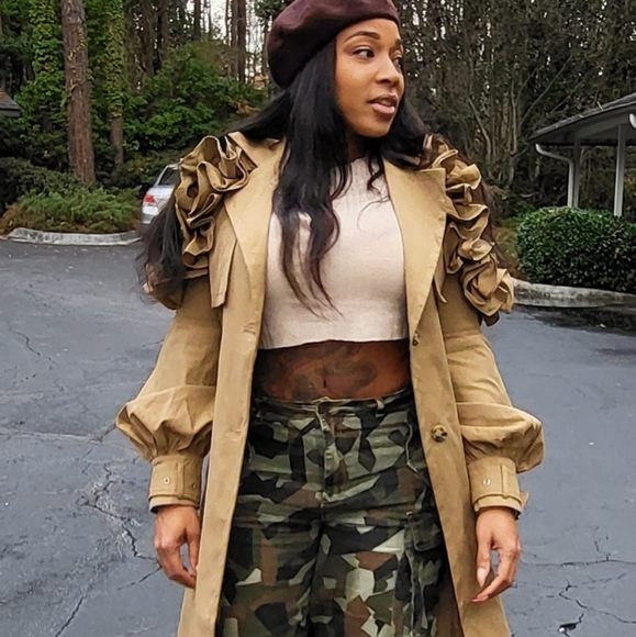 Ruffled Sleeve Trench Coat - Picture 1 of 3